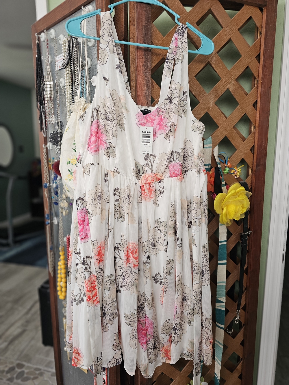 torrid White Floral Chiffon Dress with Pink and Coral Blossoms